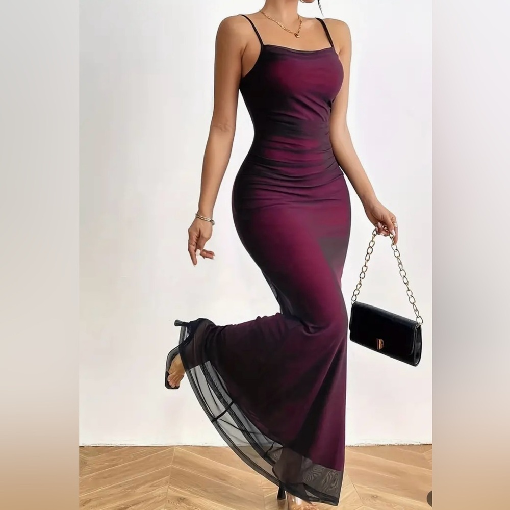 Burgundy Red Mesh Overlay Spaghetti Strap Maxi Dress